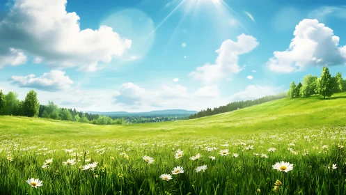Sunlit wildflower meadow under vibrant summer sky.