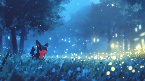 Bioluminescent meadow scene with stylized creature under blue haze