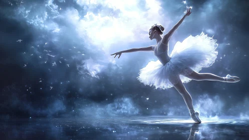 Ballerina in white tutu on reflective stage under misty light.