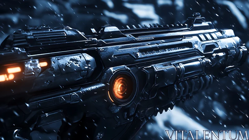 Futuristic plasma rifle glows in stormy sci-fi blizzard.