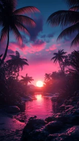 Dreamy neon lagoon sunset framed by whispering palms.