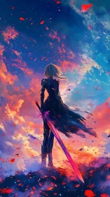 Solitary figure with sword against vivid clouded sky.