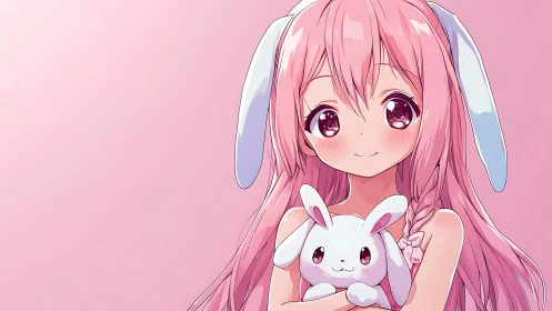 Pink haired anime girl hugs bunny plush in soft pastel glow