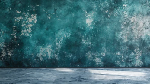 Textured teal stucco wall with mottled patina and diffuse floor light