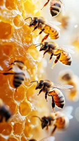 Honey bees on wax comb structure in close macro view.