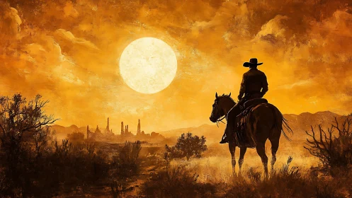 Cowboy on horseback surveys desert city at oversized sunset