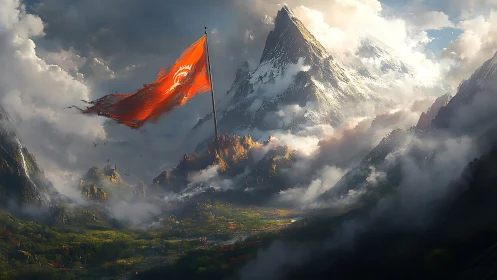 Red war banner over misty mountains and green valley.