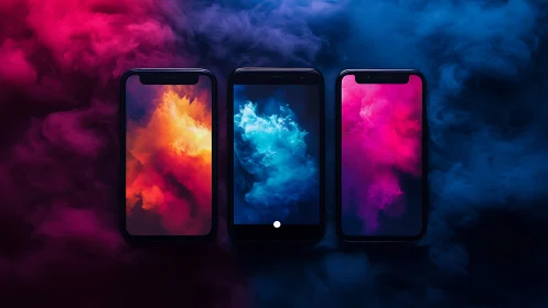 Three pocket nebulae glow as smartphones drift through vapor