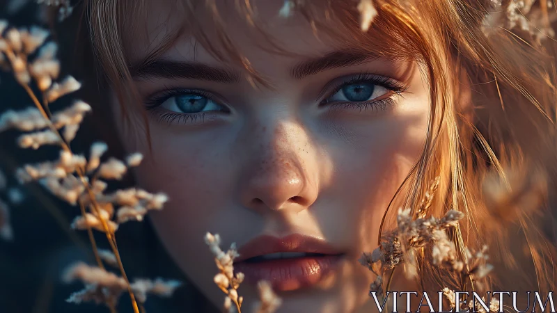 Sunlit blue-eyed portrait glows softly amid golden wildflowers