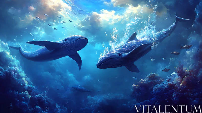 Gentle whale duet drifting through a glowing blue dreamscape.