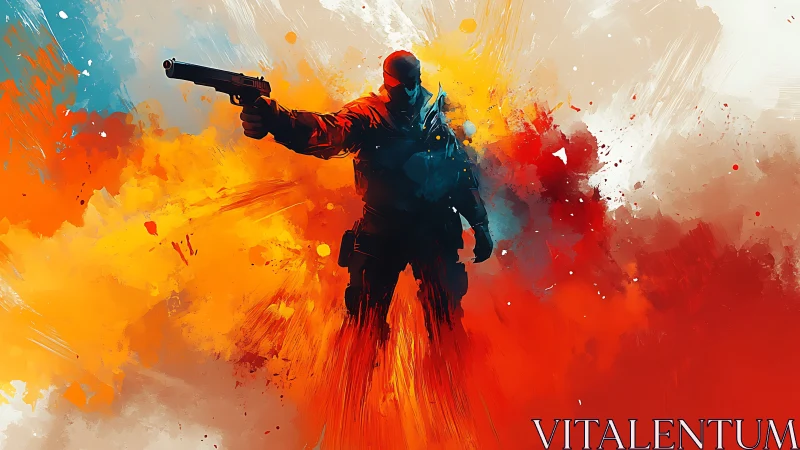 Vivid action hero strides forward through bold color storms