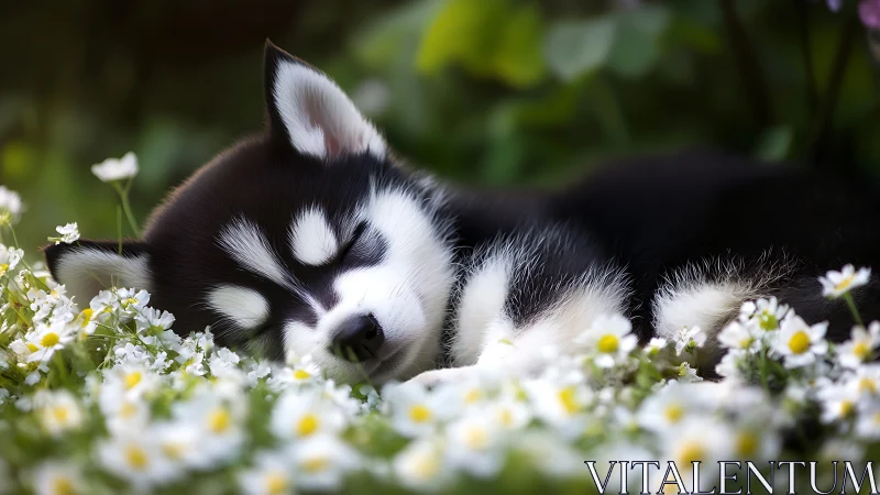 Sleeping husky puppy lying in white daisies outdoors.
