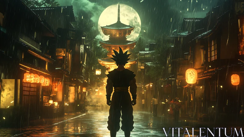 Neon rain crowns a lone warrior beneath the temple moon