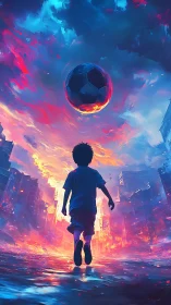 Street dreamer chasing a cosmic soccer sun through neon dusk.