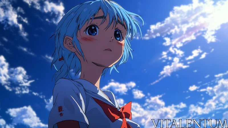 Anime schoolgirl gazes upward under deep blue clouded sky