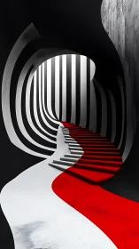 Parametric red staircase in black and white striped tunnel