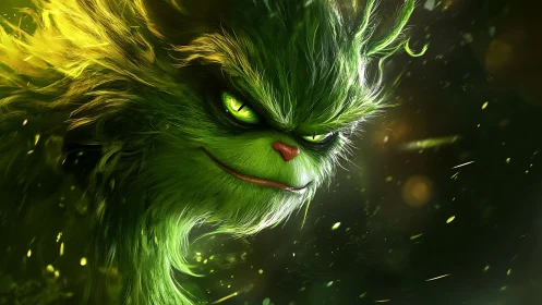 Cinematic digital painting of a luminous green creature portrait.