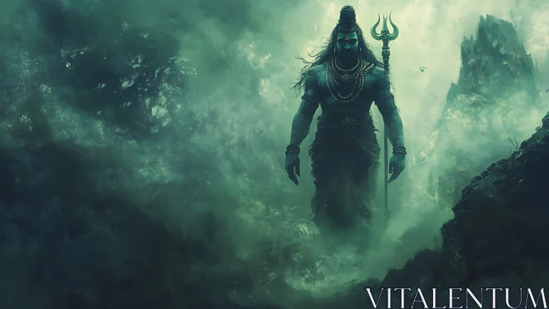 Mythic blue-skinned warrior figure walking through dense mist