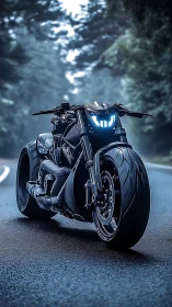 Futuristic black motorcycle glows on wet forest road at dusk.