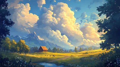 Sunlit alpine meadow surrounds solitary cabin under clouds
