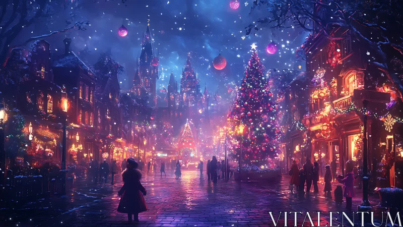 Enchanted winter city street with luminous Christmas tree.