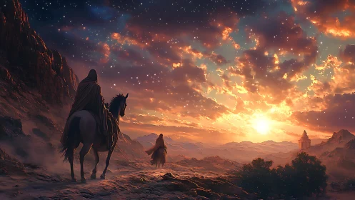 Riders crossing desert ridge toward radiant fantasy sunrise.