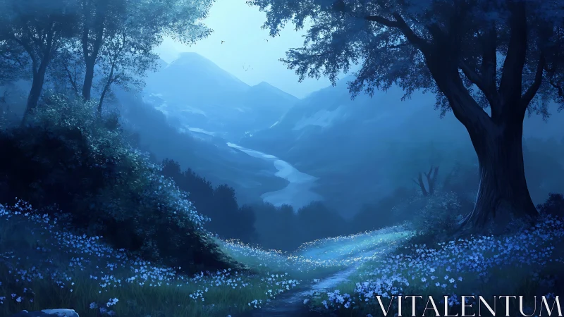 Moonlit valley clearing with atmospheric depth digital landscape.