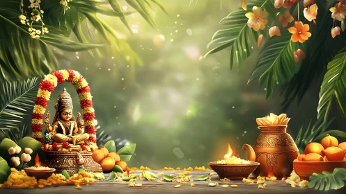 Ritual altar tableau with deity sculpture and luminous offerings.