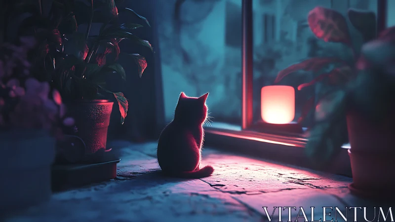 Neon Solitude: Cat in Cyberpunk Urban Sanctuary.