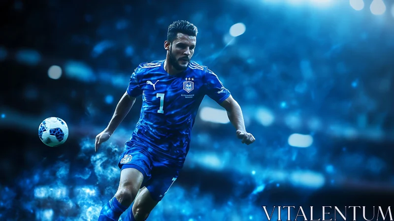 Dynamic blue-clad footballer in motion under stadium floodlights