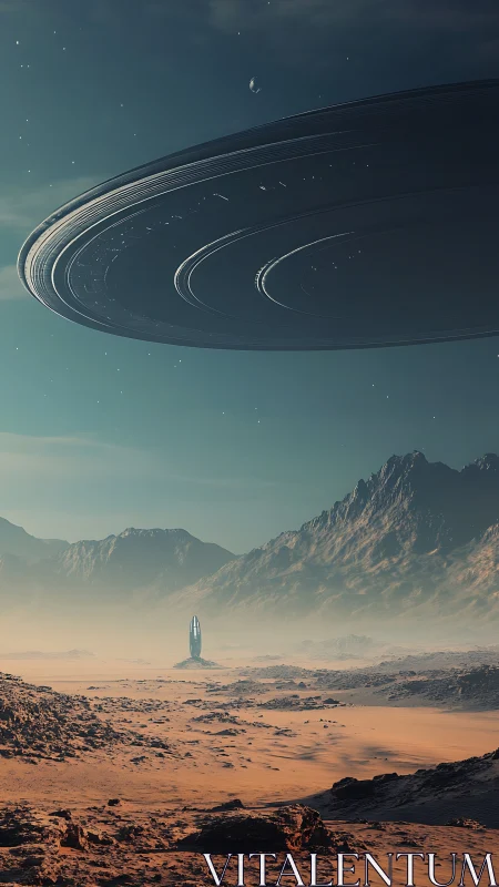 Ringed megastructure above arid exoplanetary valley landscape.