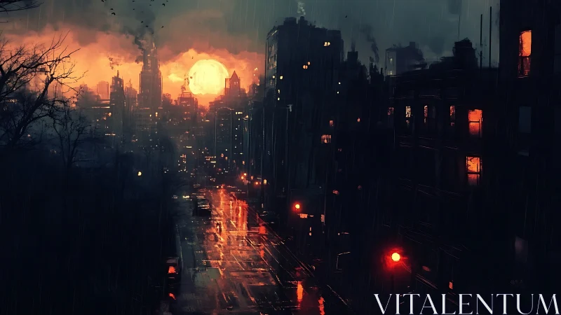 Nocturnal rain-soaked megacity under incendiary sunset glare.