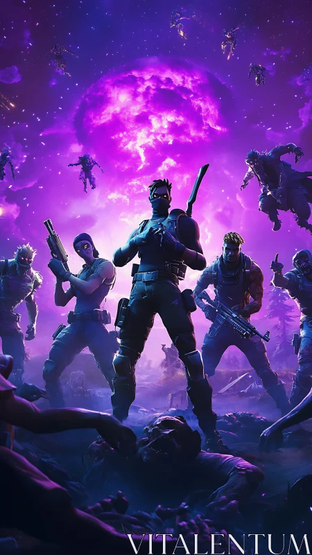 Squad of armed soldiers stands against glowing purple sky