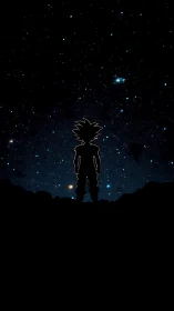 Silhouetted spiky-haired warrior observing dense starfield sky