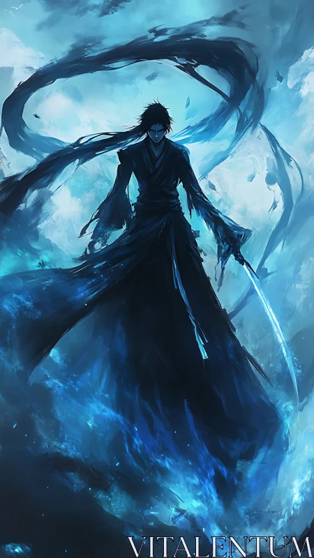Stormlit blade wraith rising from a vortex of electric blue.