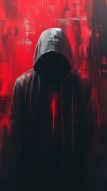 Shadowed figure in a hooded coat stands against vivid red light