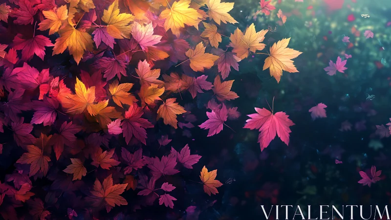 Multicolored maple leaves drifting over dark blurred ground.