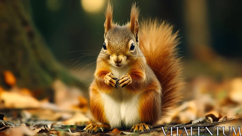 Photorealistic red squirrel in shallow-depth autumn forest frame.