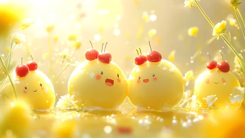 Cherry-topped jelly creatures glow in soft golden meadow