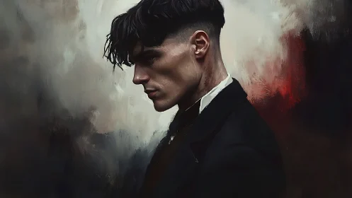 Brooding gentleman carved from smoke, shadow and ember light.