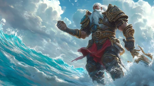 Storm-crowned sea warlord strides through roaring waves.