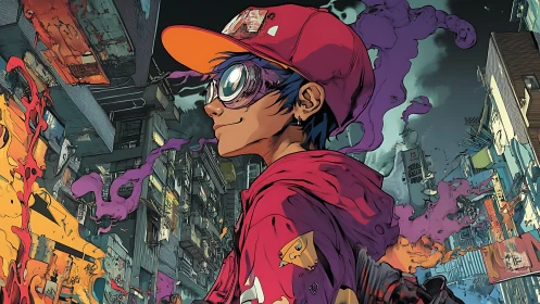 Urban street kid in neon graffiti cityscape at dusk.