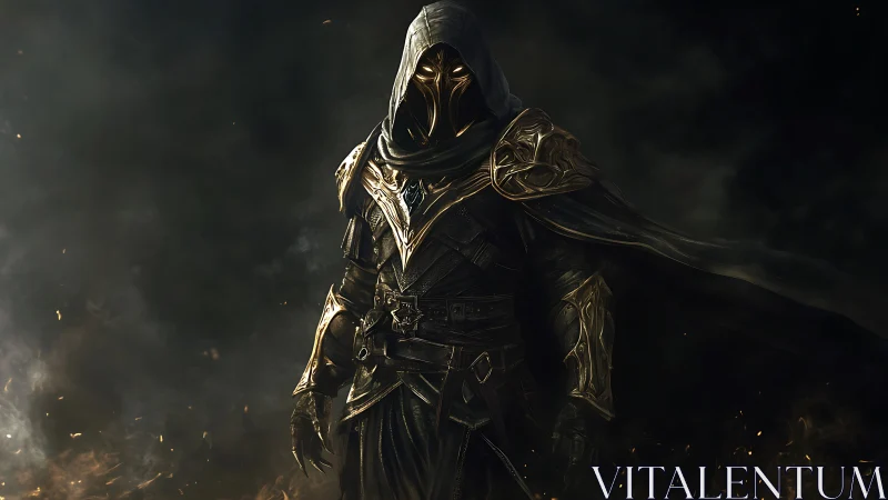 Hooded dark knight in ornate golden armor amid smoke.