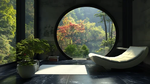 Minimalist lounge frames sunlit forest through circular window