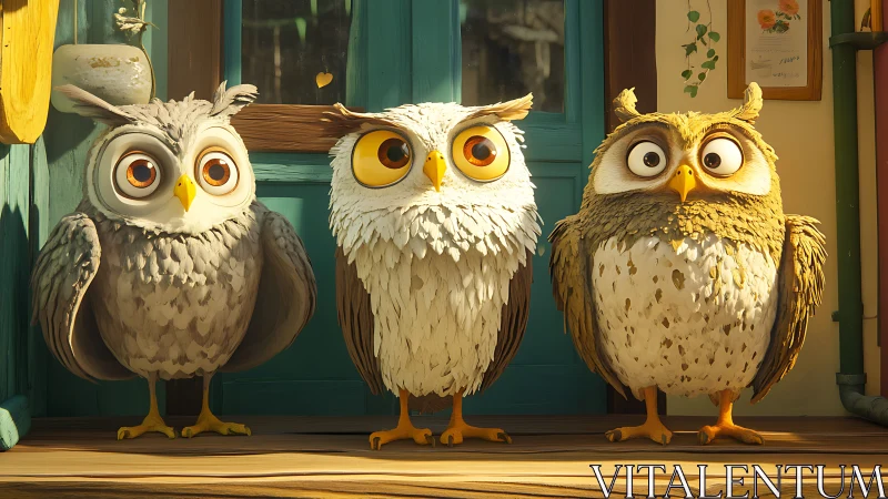 Three Adorable Cartoon Owls Standing in Front of a Cozy House.