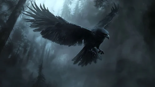 Dark feathered bird in flight over misty conifer forest.