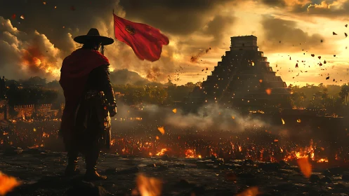 Conquistador overlooks burning pyramid city at sunset.