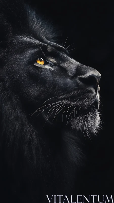 Midnight lion&rsquo;s golden gaze in quiet, watchful wonder.