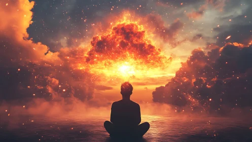 Meditative silhouette contemplates a blazing cosmic sunrise