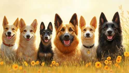 Row of six digitally rendered dogs in summer field scene.
